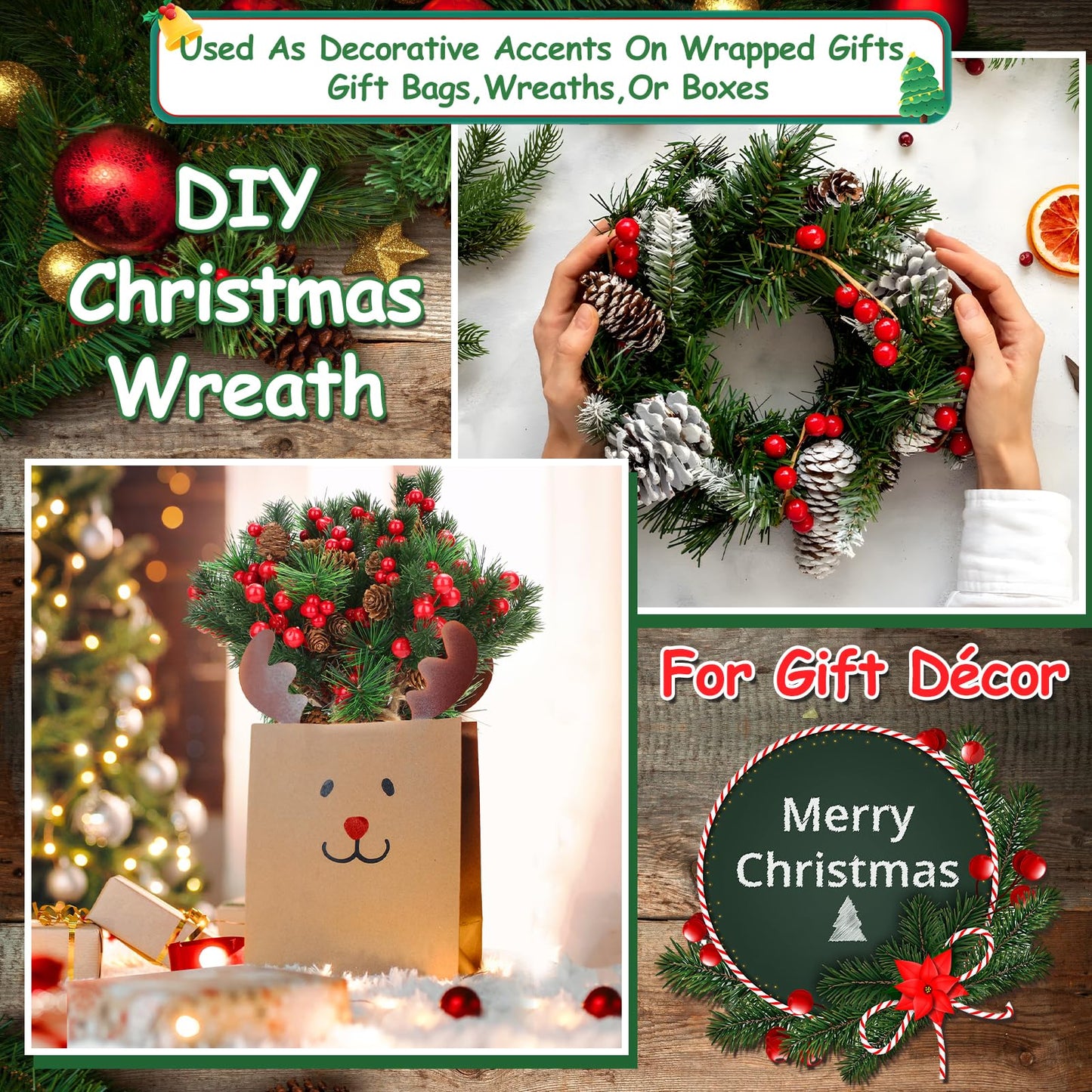 34Pcs Artificial Christmas Floral Picks, Red Berry Picks with Pinecones and Pine Branches, Fake Berries Pine Cone Berry Stems Set for Wreath, Garland, Vase, Tree, Holiday Home Winter Decorations