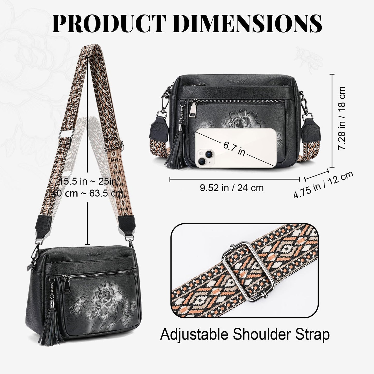 VIMUTI Crossbody Bags for Women Trendy, Vegan Leather Crossbody Purses Travel Shoulder Handbags Embossed Design (Black)