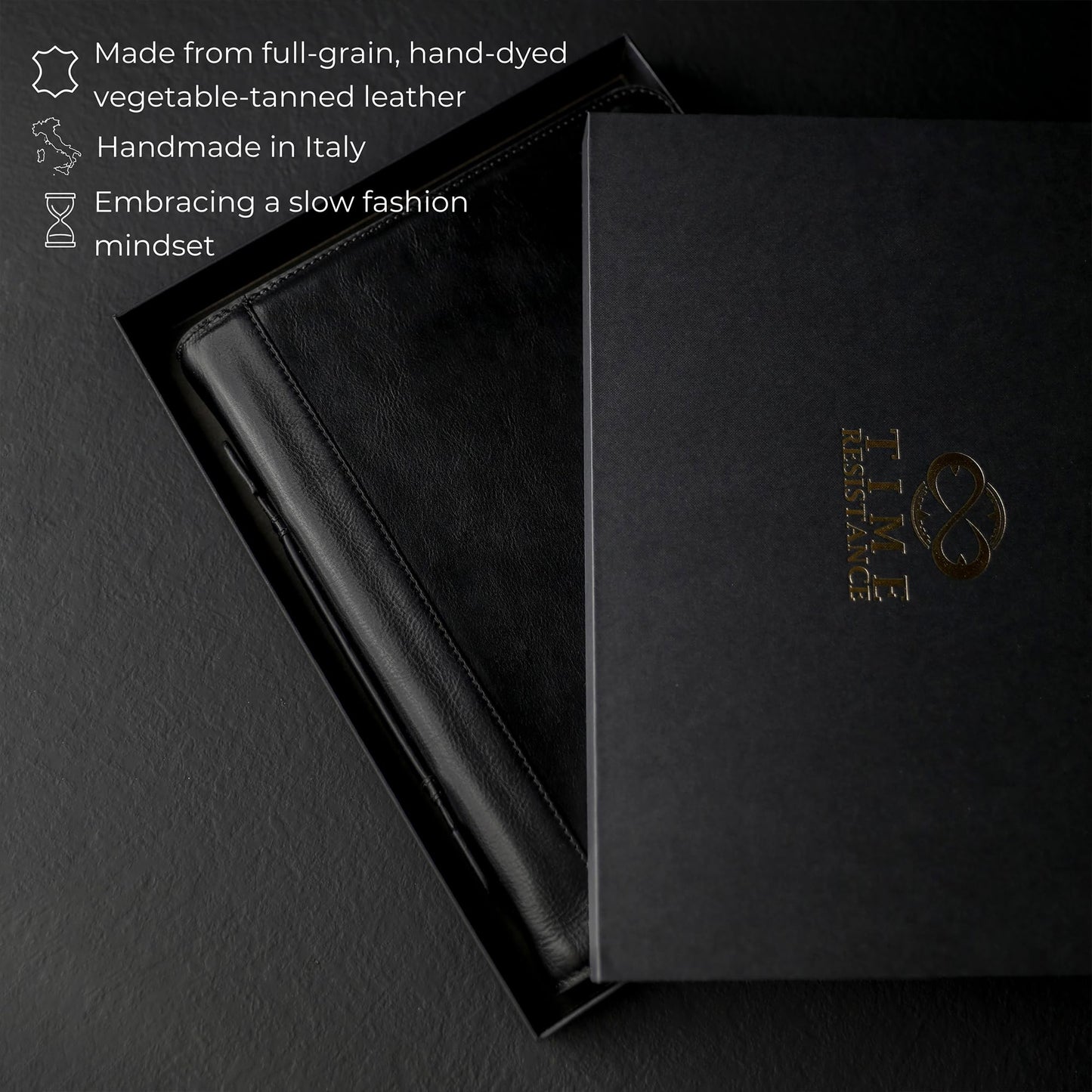 Time Resistance Leather Portfolio – Document Bag with Carry Handle – Tablet Size Case Made in Italy (Black)