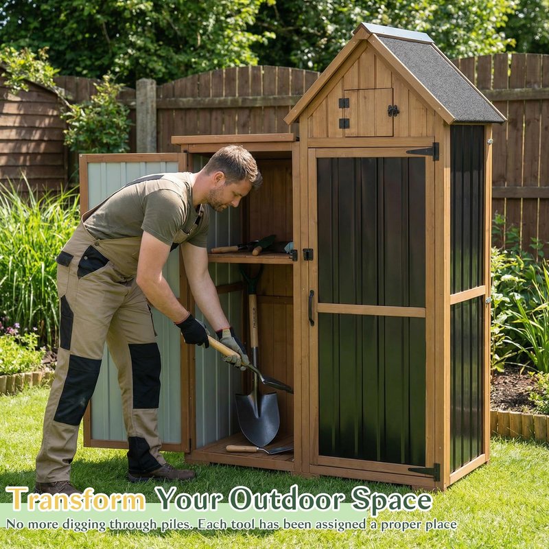 Outdoor Storage Cabinet Weatherproof with 3 Adjustable Shelves, 66'' H Wood & Metal Storage Shed with Lockable Doors & Waterproof Roof, Outside Garden Tool Sheds, Brown