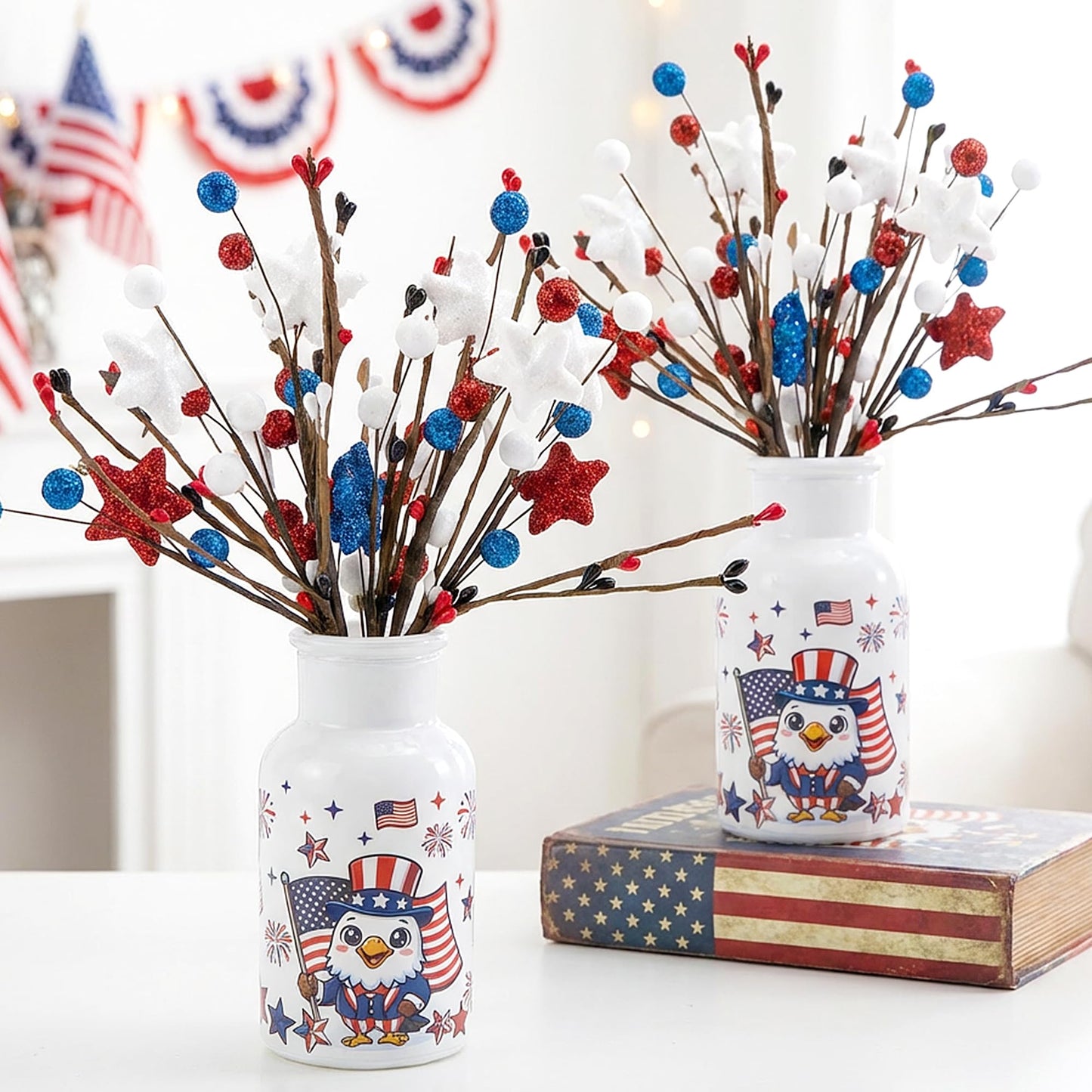 Watayo 2 Set Patriotic Artificial Flower Stems with Glass Vase, 4th of July Artificial Berry Stem Picks, Faux Red White Blue Branches Table Centerpiece for Independence Memorial Day Home Decor