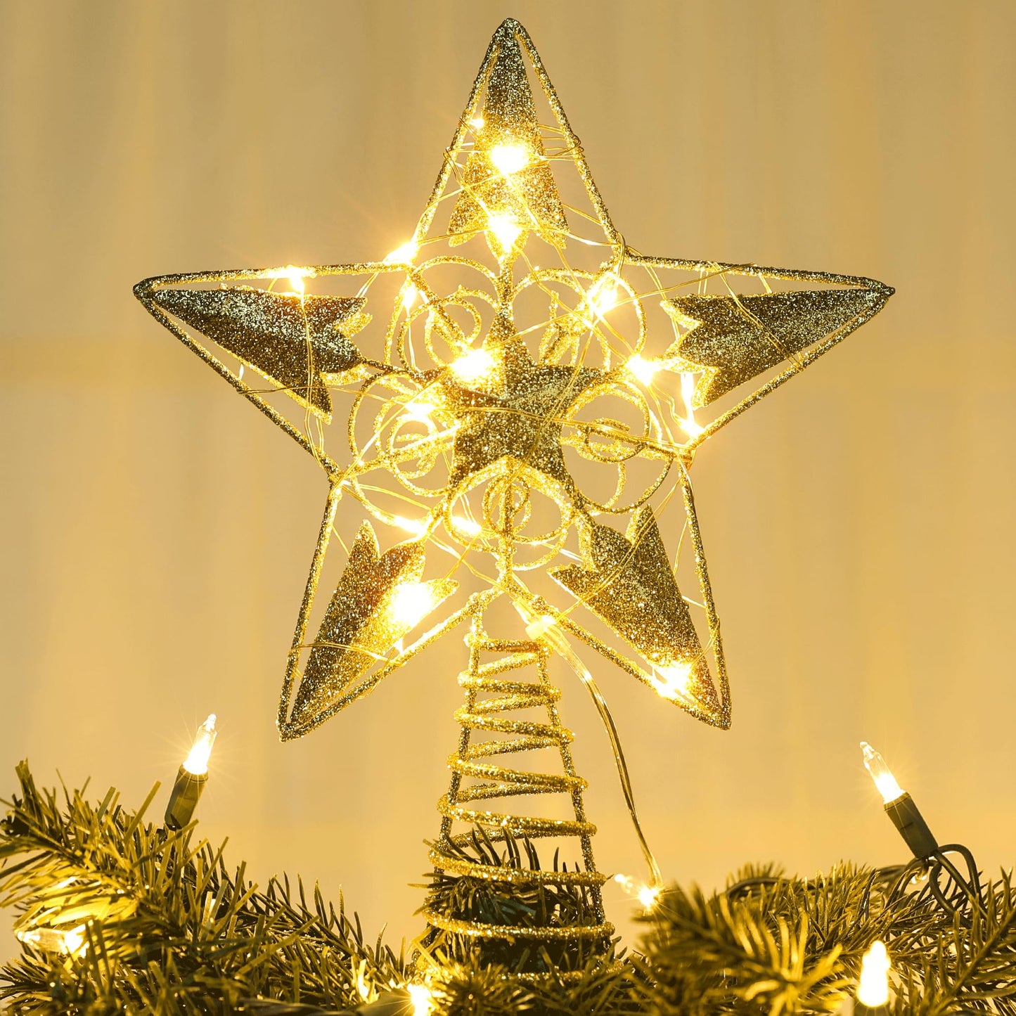 Brizled Gold Christmas Tree Topper Lights, 8" Hollow-Out Star Tree Topper with 20 LED Warm White Lights, Battery Powered Xmas Tree Topper 5 Point Star Treetop for Christmas Tree Home Party Decor