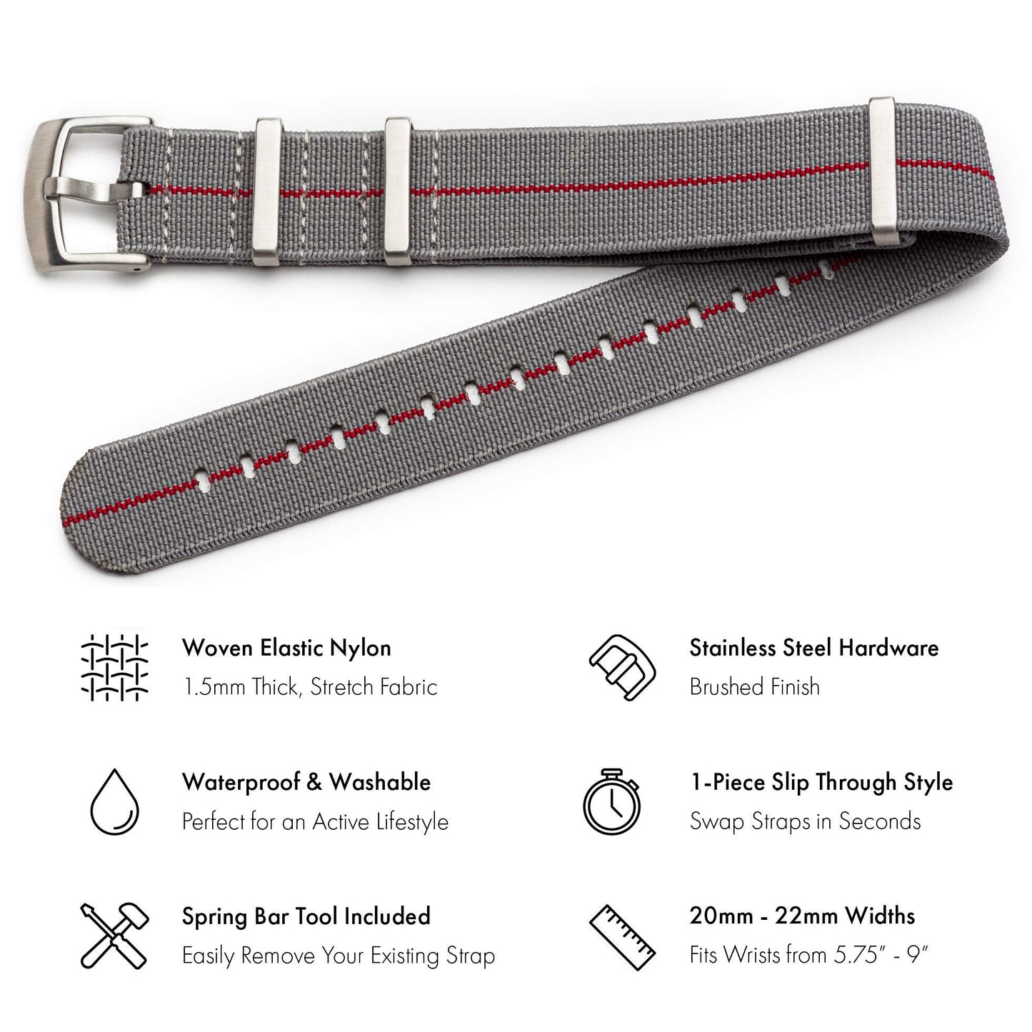 Benchmark Basics Elastic Watch Band - Parachute Nylon One-Piece Military Style Watch Straps for Men & Women - Choice of Color & Width - 20mm or 22mm (20mm, Grey/Red)