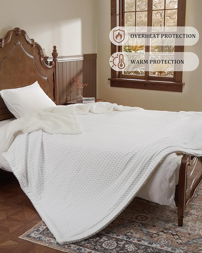 CAROMIO Heated Blanket King Size with LCD Dual Controller, Waffle Weave Fast Heating Electric Blankets, 10 Heat Levels & 1-12H Time Settings, ETL Certified, Machine Washable, Off White, 100" x 90"