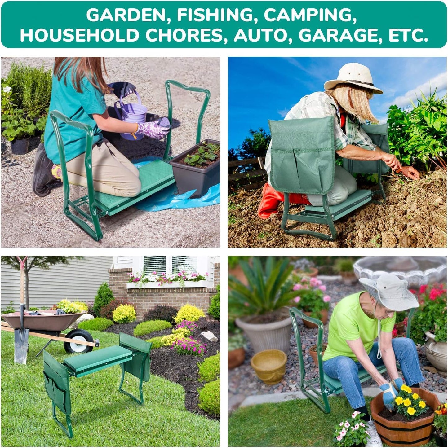 iPower Upgraded Garden Kneeler and Seat, with Sturdy Soft EVA Foam Pad, 2 Tool Pouch, Hold 330lb, Portable Foldable Kneeling Bench, for Gardening, Fishing, Camping, Green