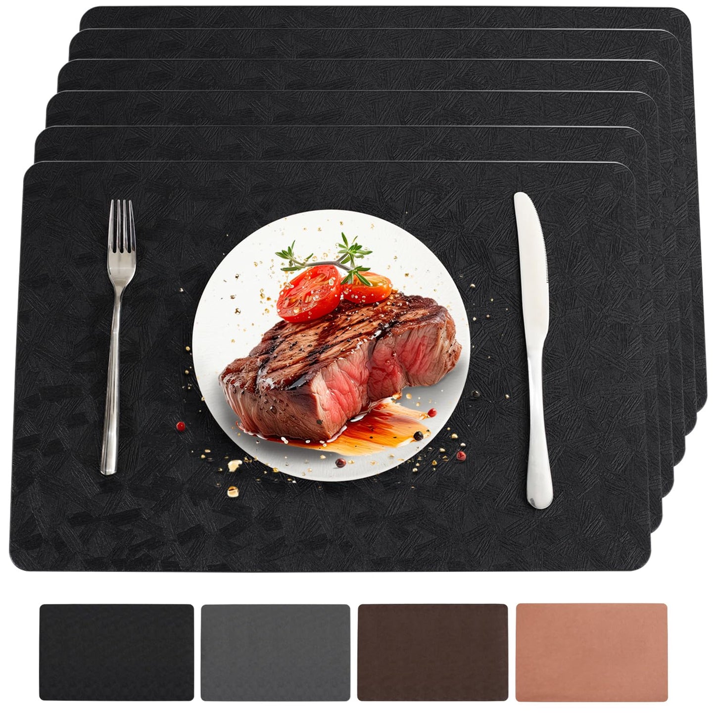 Bxzandya Vinyl Placemats Set of 6 Heat Resistant Easy Clean Non-Slip Place Mats for Dining Table Faux Leather Waterproof Stain Resistant Wipeable Washable PVC Table Mats(6, Black)