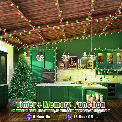 300 LED Christmas Lights Outdoor 100ft Extra Long Christmas String Lights 8 Modes Plug in Waterproof Fairy Lights with Timer Memory for Indoor Outside Bedroom Home Party Decoration, Red&Green