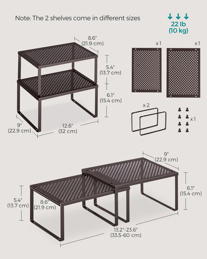 SONGMICS Spice Racks, Set of 2 Metal Cabinet Shelf Organizers, Countertop Organizers, Shelf Risers, Stackable, Expandable, Silver UKCS01SV