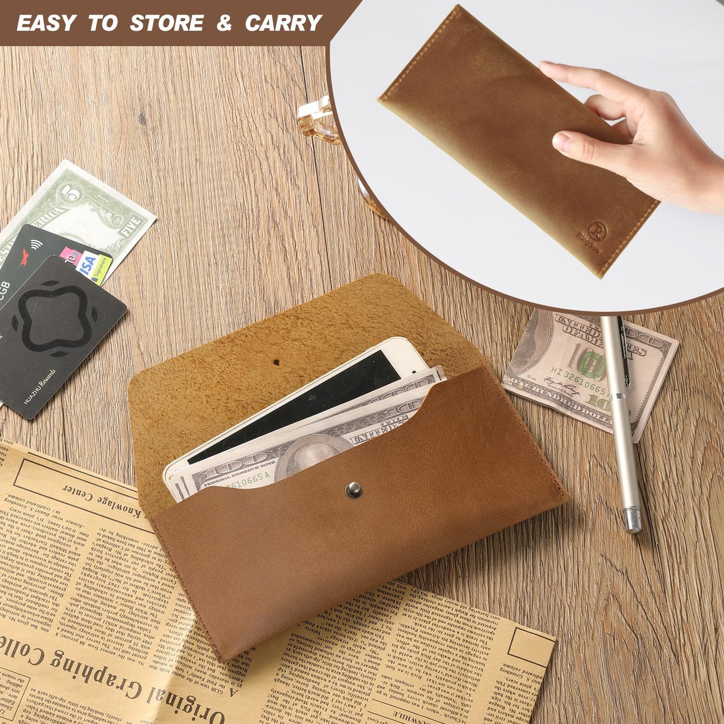 Ringsun Genuine Leather Cash Envelopes, Reusable Budget Envelope, Retro Clutch for Men & Women, Minimalist Wallet, Bourbon Brown