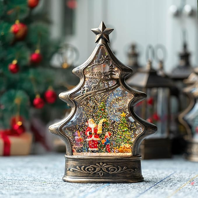 Christmas Snow Globe Lantern Water Glittering Santa's List with Music& Timer, USB Lined/Battery Operated Lighted Lantern for Christmas Festival Decoration Gifts （Santa）