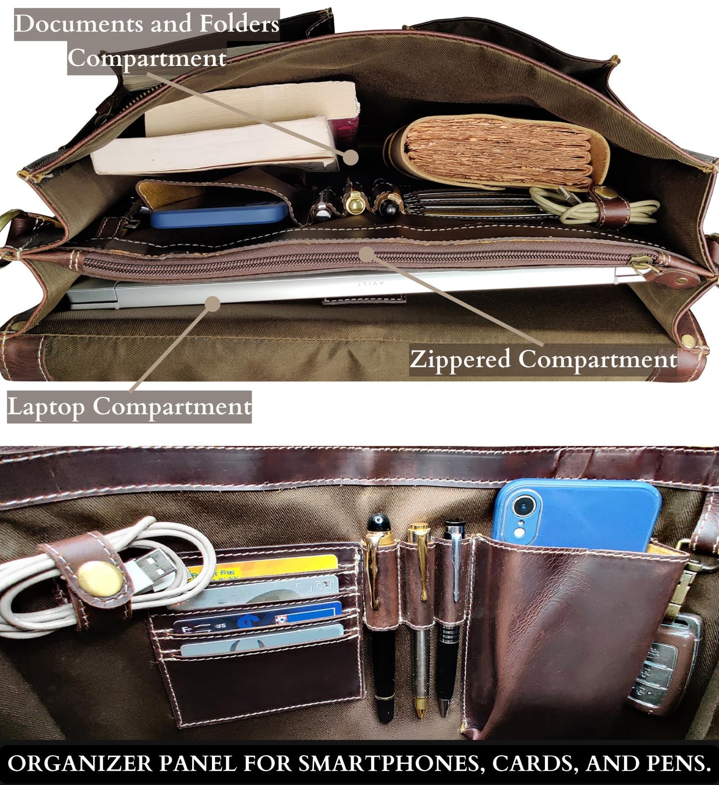 RUSTIC TOWN Handmade 16 inch Brown Leather Shoulder Briefcase Messenger Bag Men's 15.6-inch Laptop Satchel