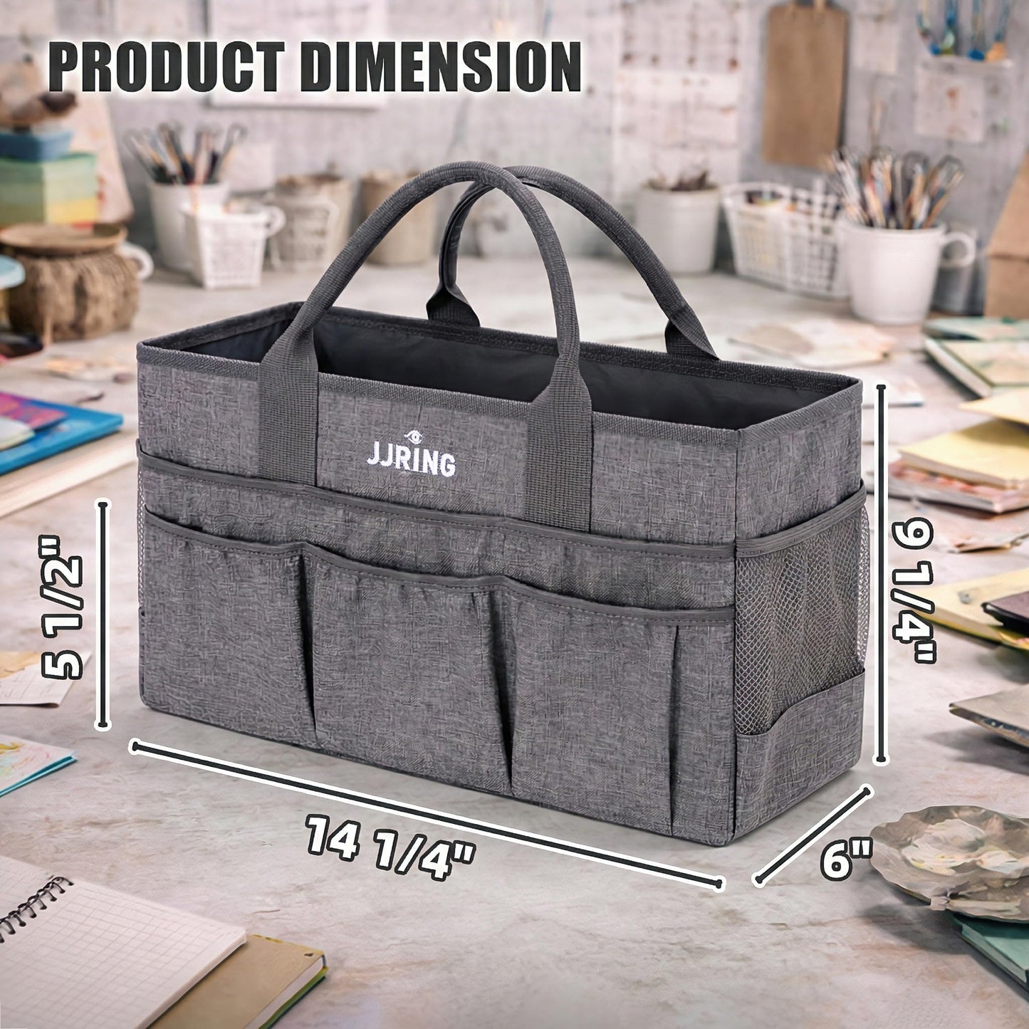 JJRING Large Art Supply Storage Tote Bag With 2 Mesh Side Pockets & Front Elastic Pockets – Sturdy Craft Organizer Caddy with Reinforced Bottom For Sewing, Scrapbooking, Teachers & Artists(Grey)