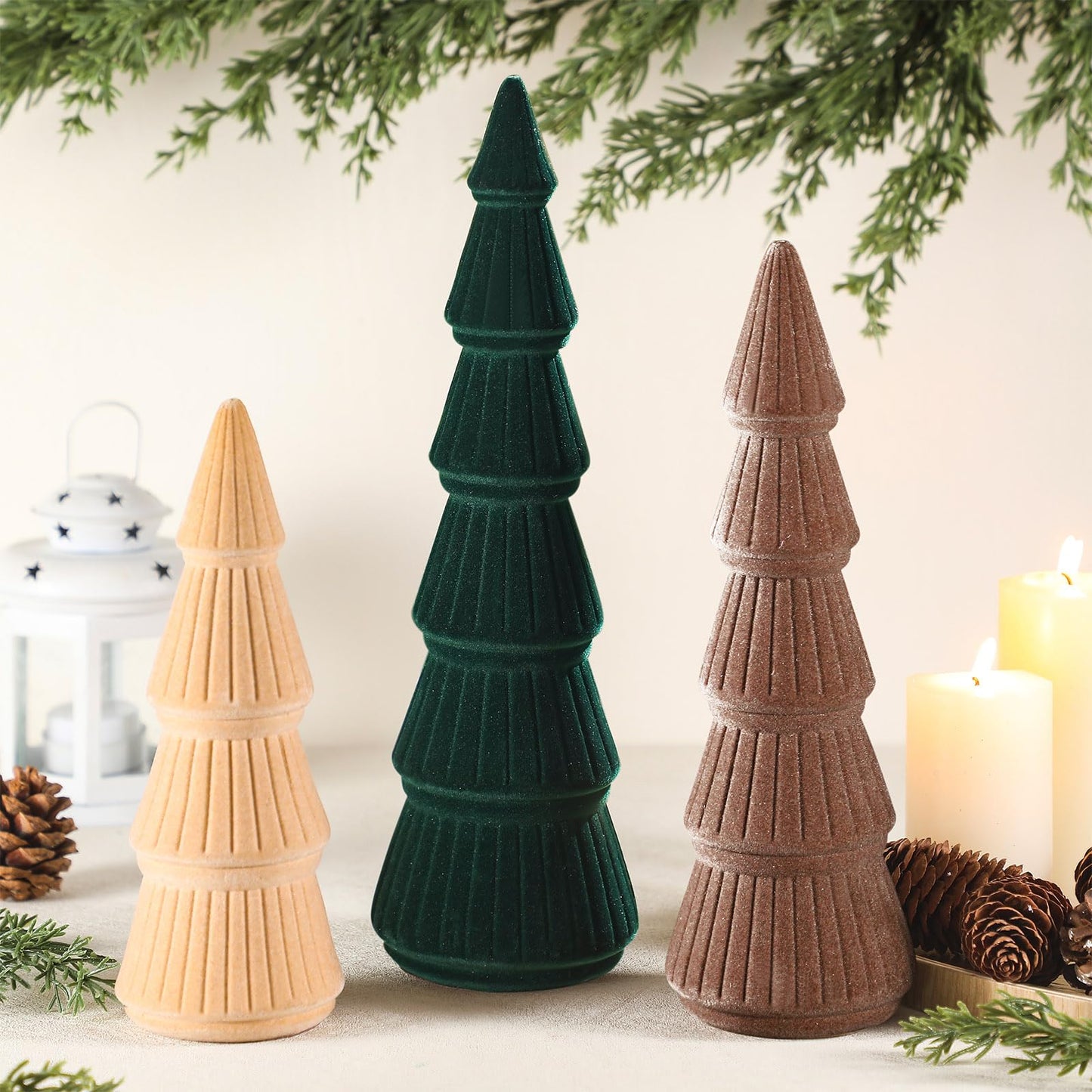 Bucherry 3 PCS Velvet Christmas Tree Figurines Decoration - 8" 10" 14" Modern Cone Christmas Tabletop Home Rustic Centerpiece Set for Winter Holiday Mantel Entryway Party Decor(Green and Khaki)