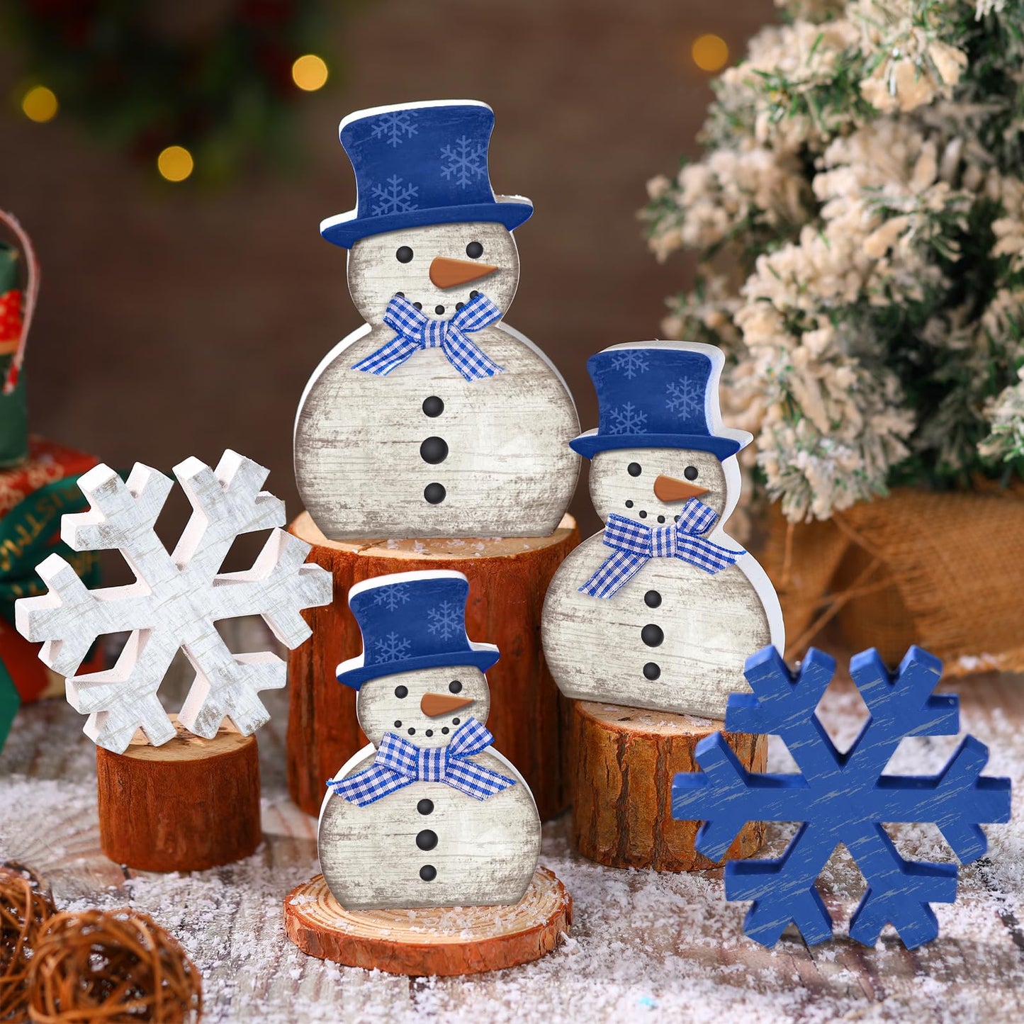 Yousoontic 5 Pcs Winter Table Decor Wooden Snowman Blue and White Snowman Snowflake Tiered Tray Decor Christmas Table Centerpiece Snowflake Signs Winter Decorations for Home Kitchen Office