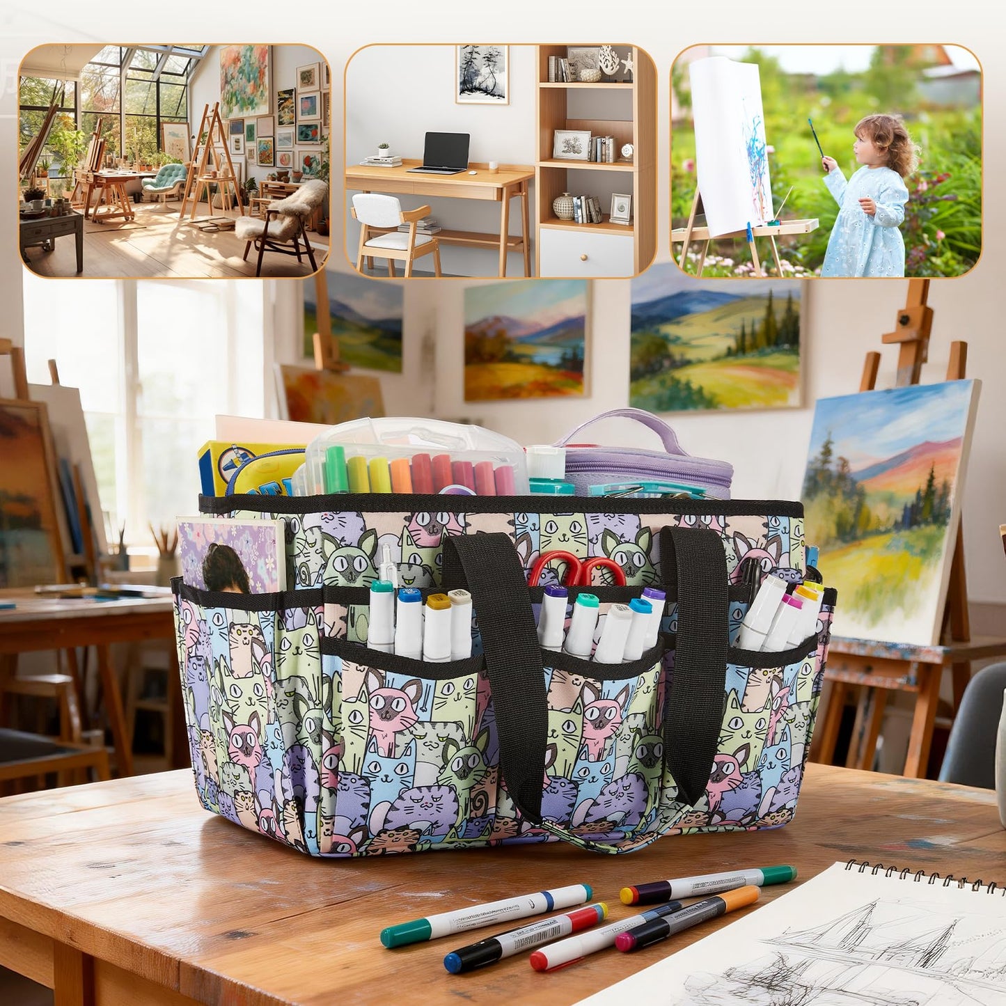 JOSIVIKY Craft Organizer Tote Bag, Art Organizer, Craft Caddy with Multiple Pockets, Storage Bag for Sewing Tools, Art Supplies, Home and Office (Cat Print)
