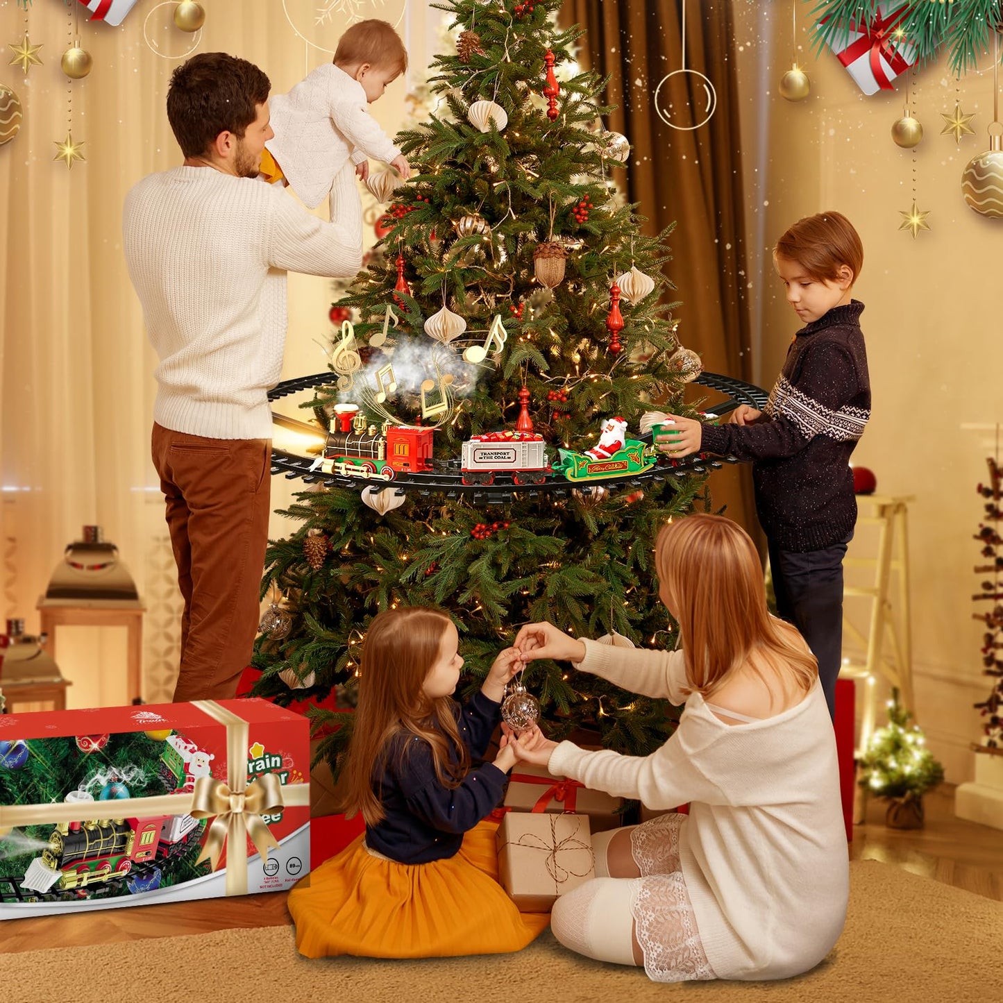 Christmas Train Set - Hanging Train Toys Around Under The Christmas Tree w/Smoke, Whistle (Turn on/Off) & Lights, Toys Decoration for 3 4 5 6 7 8+ Boys Girls