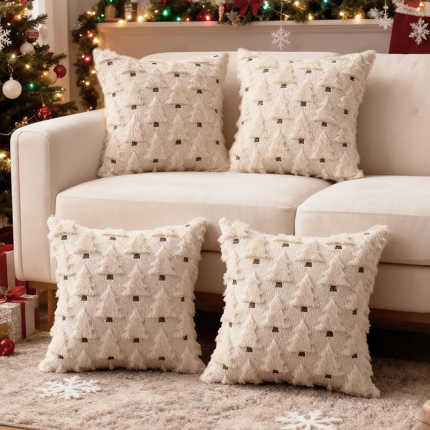 HDVUHKI Christmas Throw Pillow Covers 18x18 inch Set of 4, Beige Xmas Tree Holiday Winter Living Room Soft Fluffy Plush Faux Fur Wool Decorations for Sofa Couch Bed