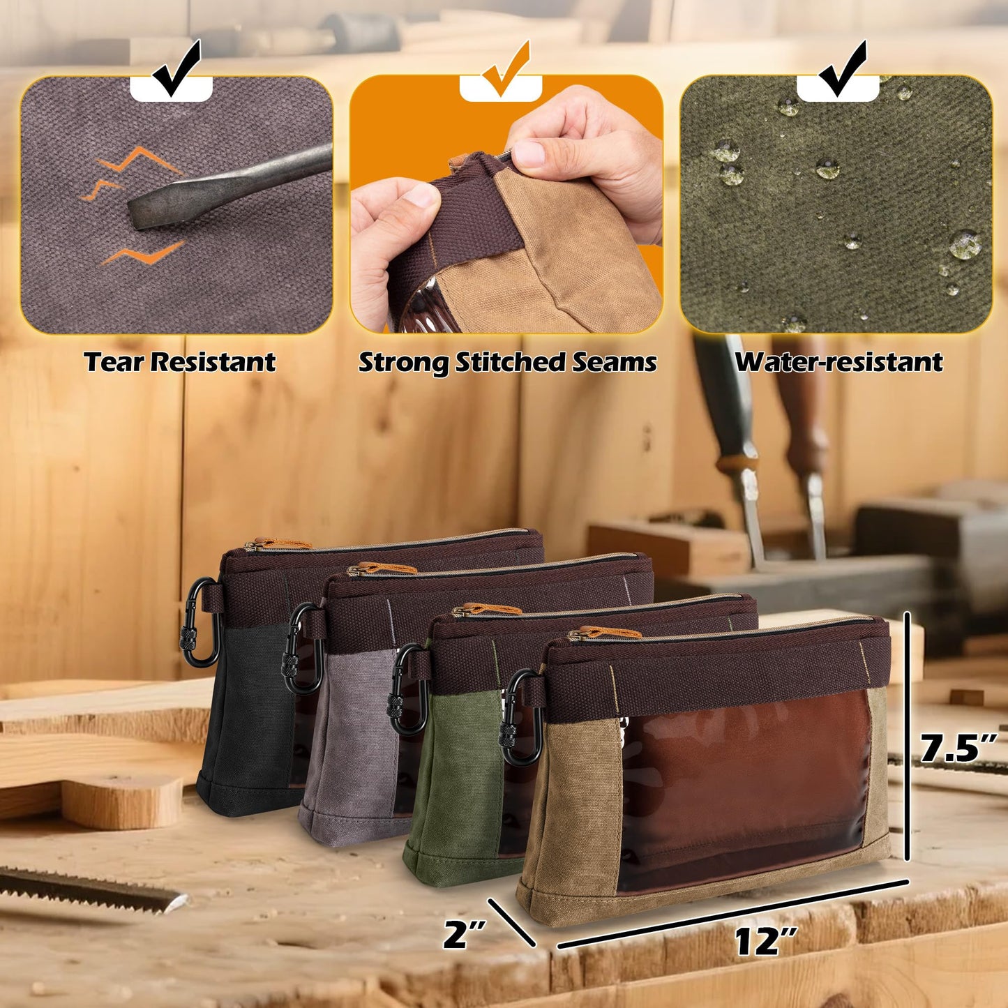 Marscamd 4 Pack Heavy Duty Tool Pouch with Carabiner, 12” Canvas Tool Pouch Bag with Clear Window (4 Colors: Black, Gray, Green, Khaki)
