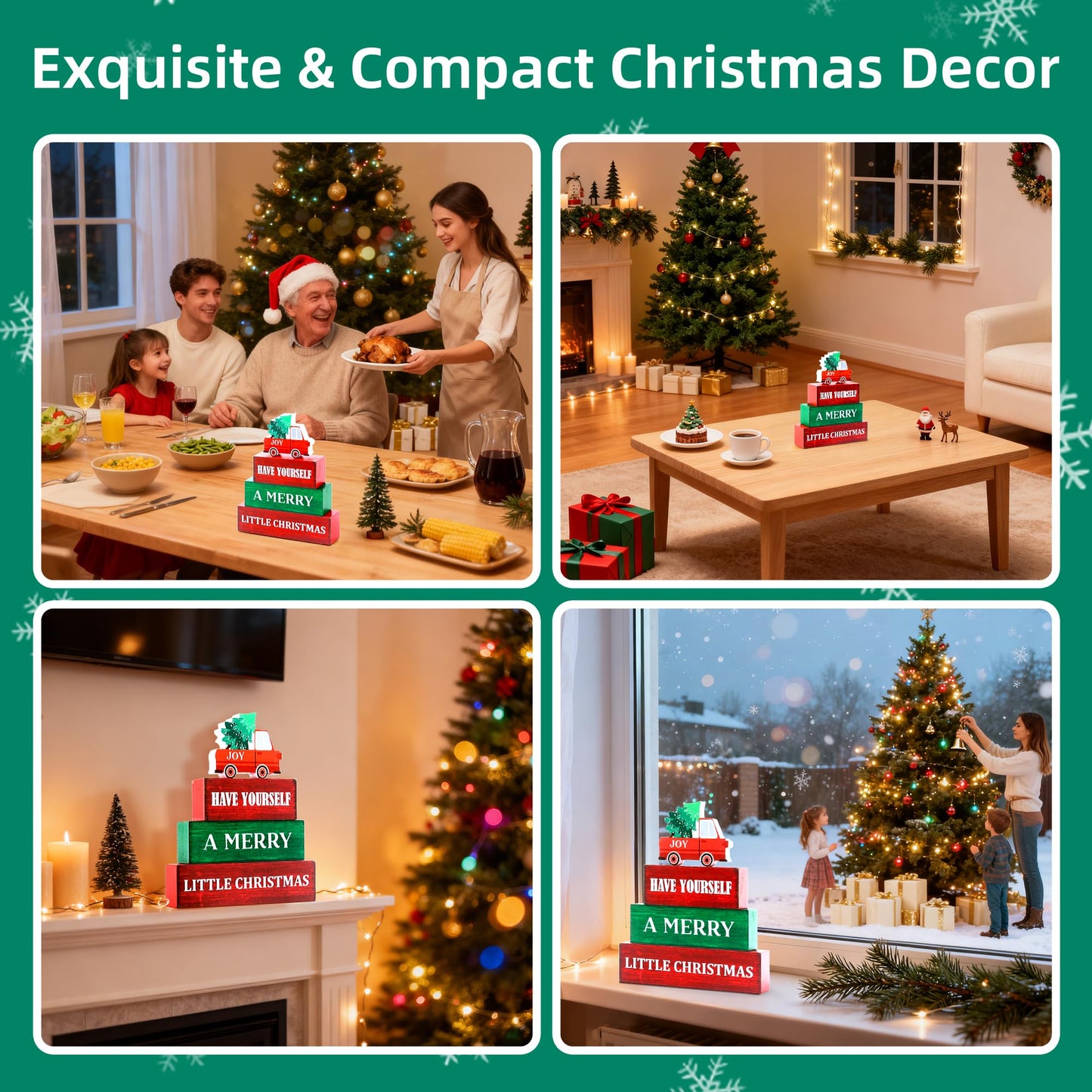 4 Pcs Christmas Wooden Tiered Tray Decor, Merry Christmas Decorations Gifts for Home, Winter Table Centerpiece for Xmas Party Kitchen Office
