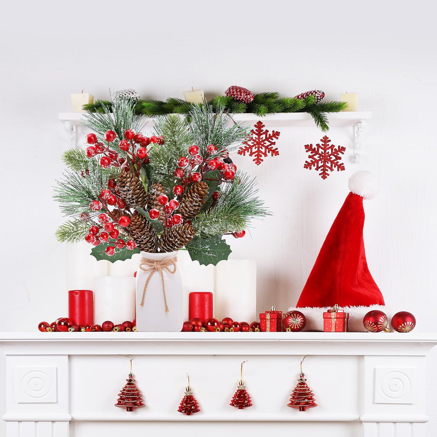 Sggvecsy 6 Pack Snow Frosted Christmas Berries Pine Picks Artificial Red Berry Pine Branches Frosted Faux Pine Stem with Pine Cones Holly Berry Leaves for Xmas Tree Wreath DIY Craft Holiday Decor