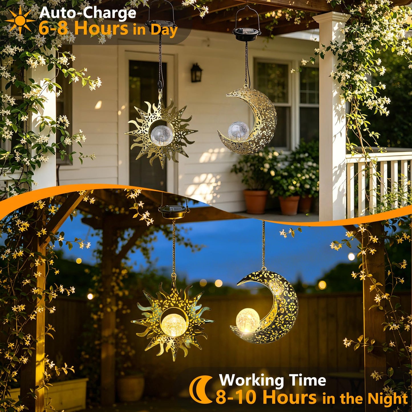 Amugmilk Solar Hanging Lights for Outside Garden,Outdoor Metal Lanterns Sun Moon Lamp, Large Decorations for Yard Garden Patio Proch Tree Wall, Christmas Gifts for Women Mom
