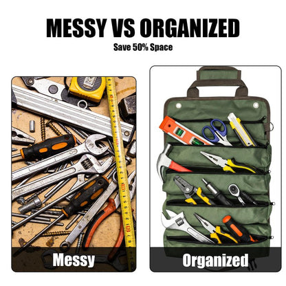 Portable Roll up Tool Bag, Heavy Duty Tool Organizer Bag with 5 Compartments & 2 Detachable Pouches for Tool Storage, Water Resistant Foldable Tool Roll Bag for Dad Men Electrician Mechanic Gift