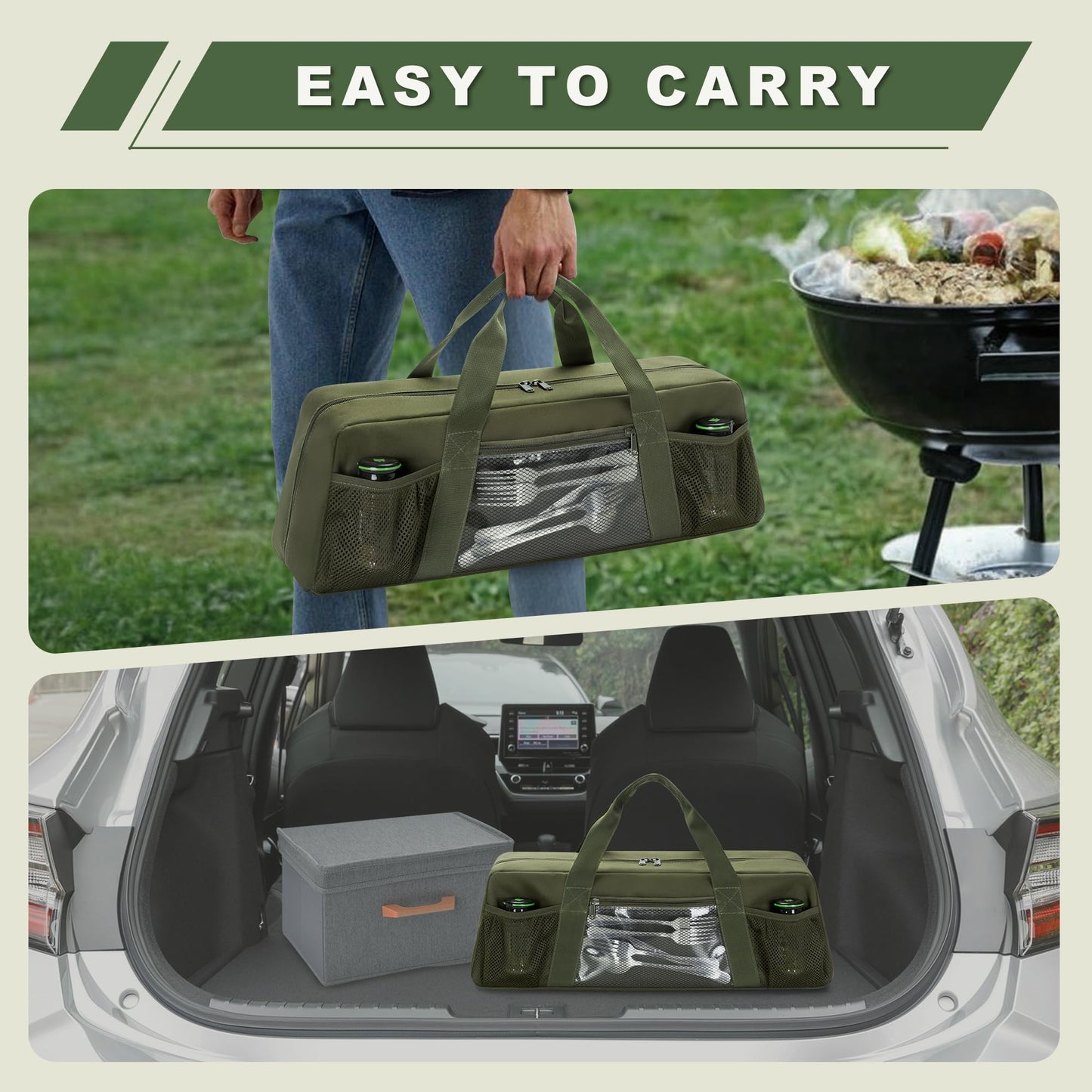 HODRANT Grill Tool Storage Bag, Outdoor BBQ Utensil Holder for Barbecue Tool up to 22", Large Grill Utensil Storage Caddy with Pockets, BBQ Accessories Case Container for Camping, Bag Only, Green
