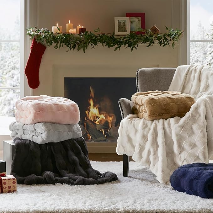 Madison Park Luxuriously Cozy Soft Long Faux Fur Basketweave Blanket, Reversible Soft & Snuggly Velvet Throw, Lightweight, Breathable, All Season, Trendy Room Décor, 50x60, Light Grey