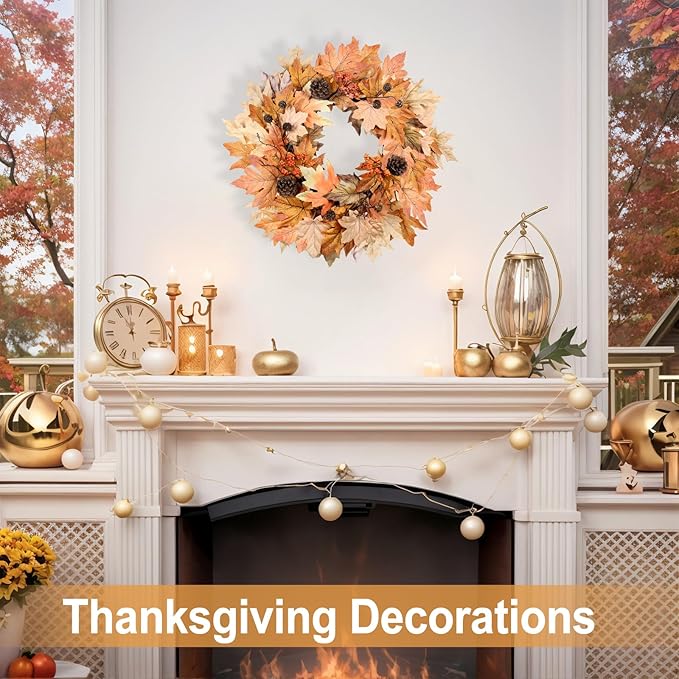 22 Inch Fall Wreaths for Front Door Outside Timer Function Pinecones Berries Autumn Fall Wreaths with 30 Warm Lights Decorations for Home Wall Porch Door Yard Harvest Mantle Fireplace Window Decor