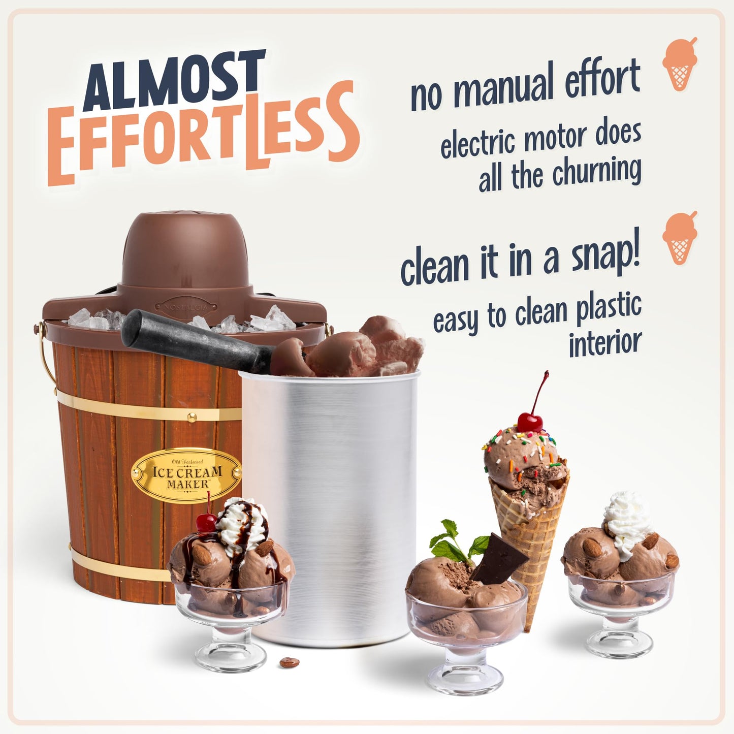 Nostalgia Electric Ice Cream Maker - Old Fashioned Soft Serve Ice Cream Machine Makes Frozen Yogurt or Gelato in Minutes - Fun Kitchen Appliance - Vintage Wooden Style - Light Wood - 4 Quart