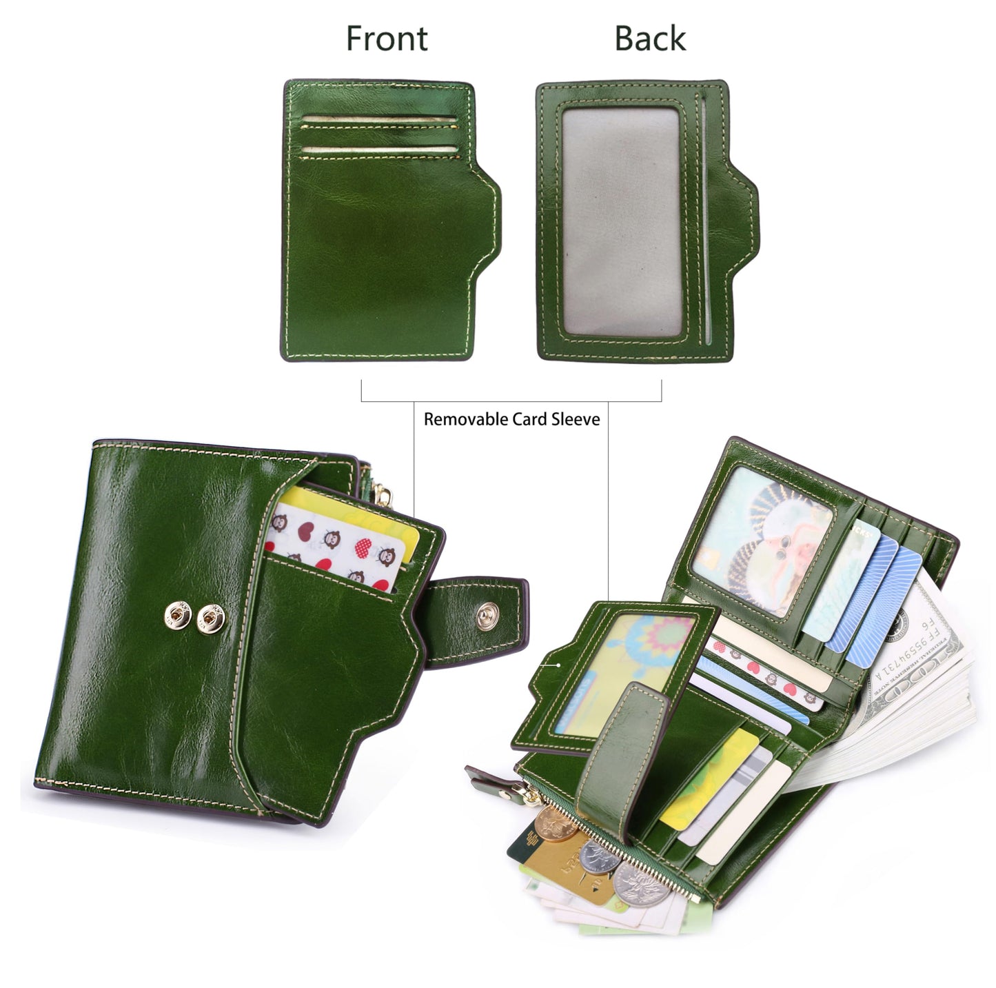 AINIMOER Women's RFID Blocking Leather Bi-fold Wallet, Waxed Green