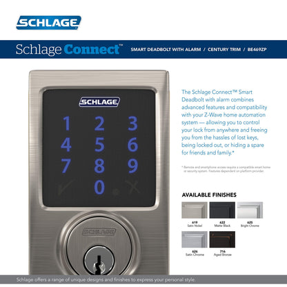SCHLAGE BE469ZP CAM 605 Connect Smart Deadbolt With Alarm Inbuilt Camelot Trim In Bright Brass