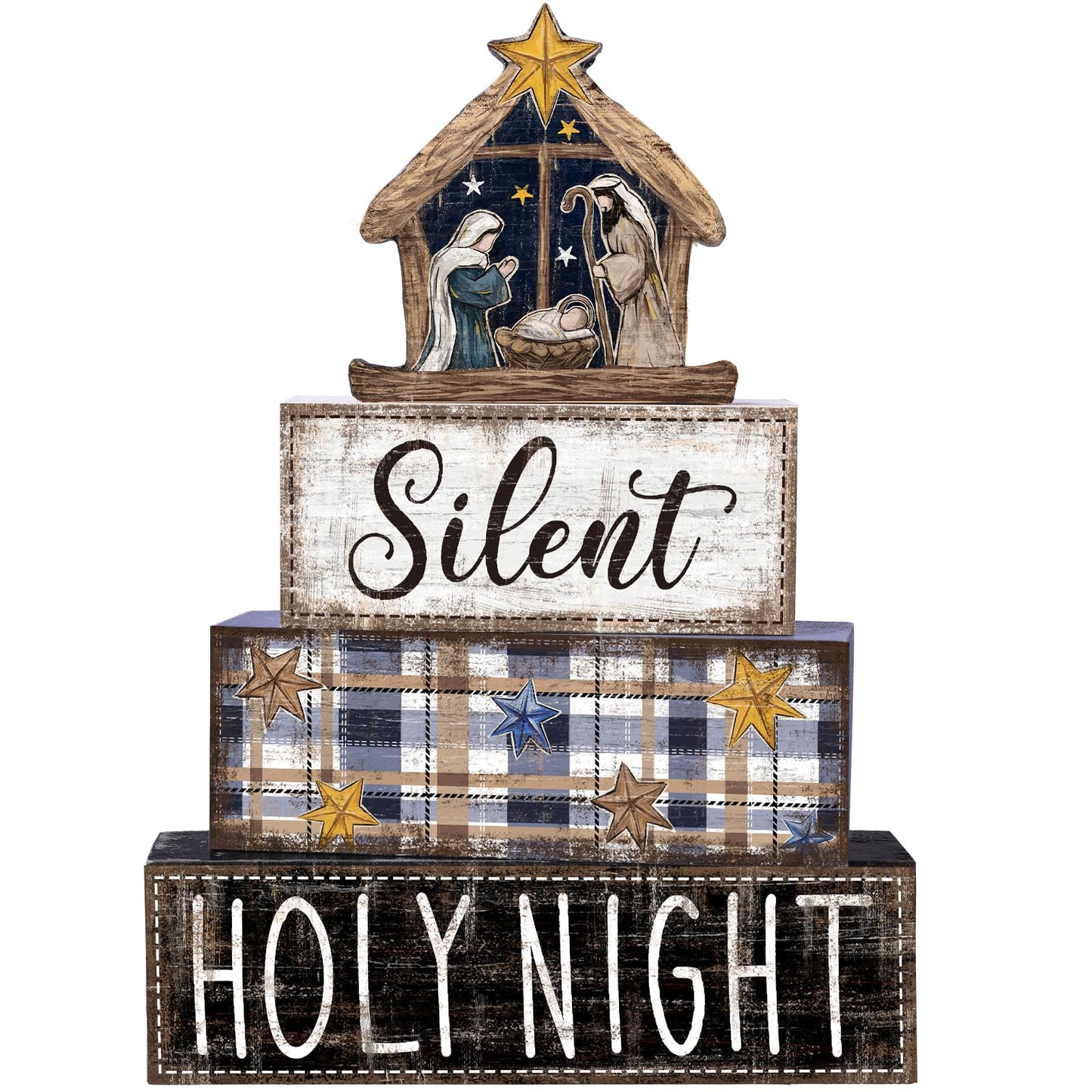 DIYDEC 4Pcs Christmas Table Decoration Christmas Jesus Wooden Block Sign Xmas Tiered Tray Decor Winter Centerpiece Decorative Sign for Holiday Tabletop Coffee Fireplace Shelf Desk Party Decor