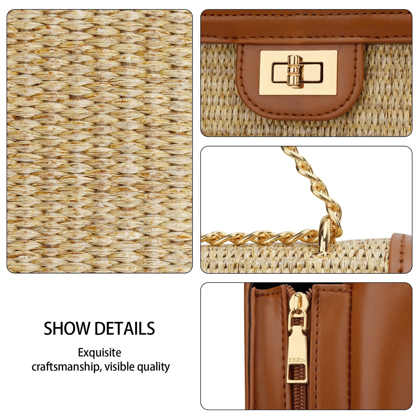 KKXIU Women Small Straw Beach bag Crossbody Bag Summer Shoulder Bag Beach Handbag Vegan Leather Purse (Brown)