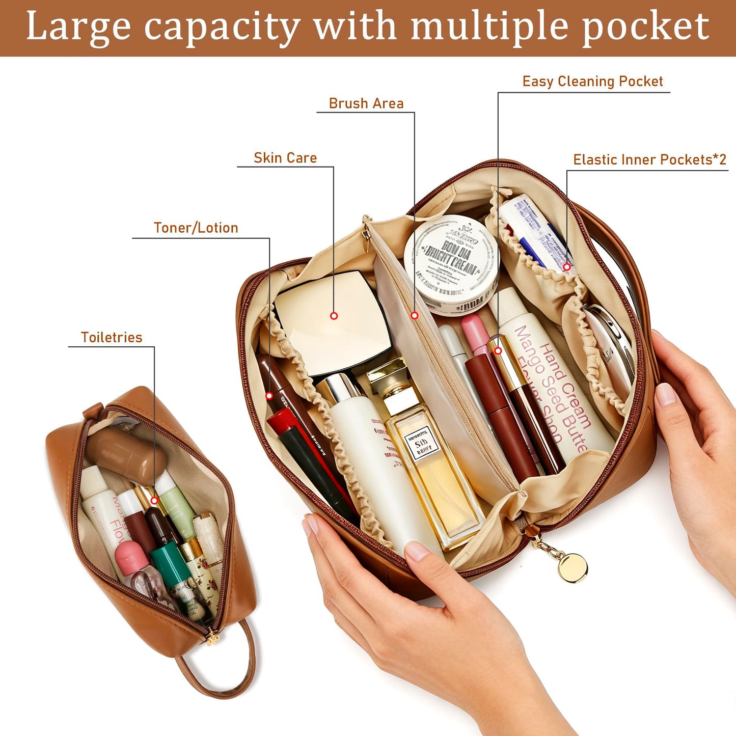 KKXIU Initial Makeup Bag for Women - Personalized Makeup Bag Gifts for Women, Travel Toiletry Bag with PU Leather, Open Flat Design with Top Handle, Cosmetic Bag Set with Multi-Pocket (Brown,A)