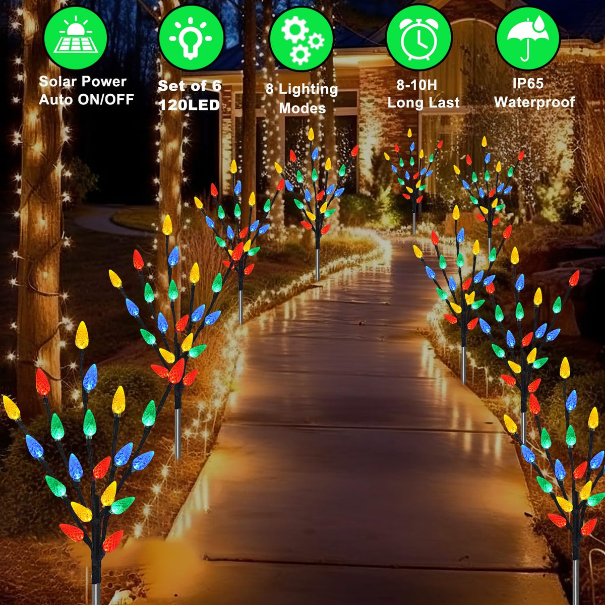 Upgraded 6 Packs 120 LED C6 Solar Christmas Lights, Christmas Decorations Outdoor Yard Lights, 8 Modes Waterproof Pathway Lights for Xmas Decorations Outdoor Yard Patio Cemetery Grave