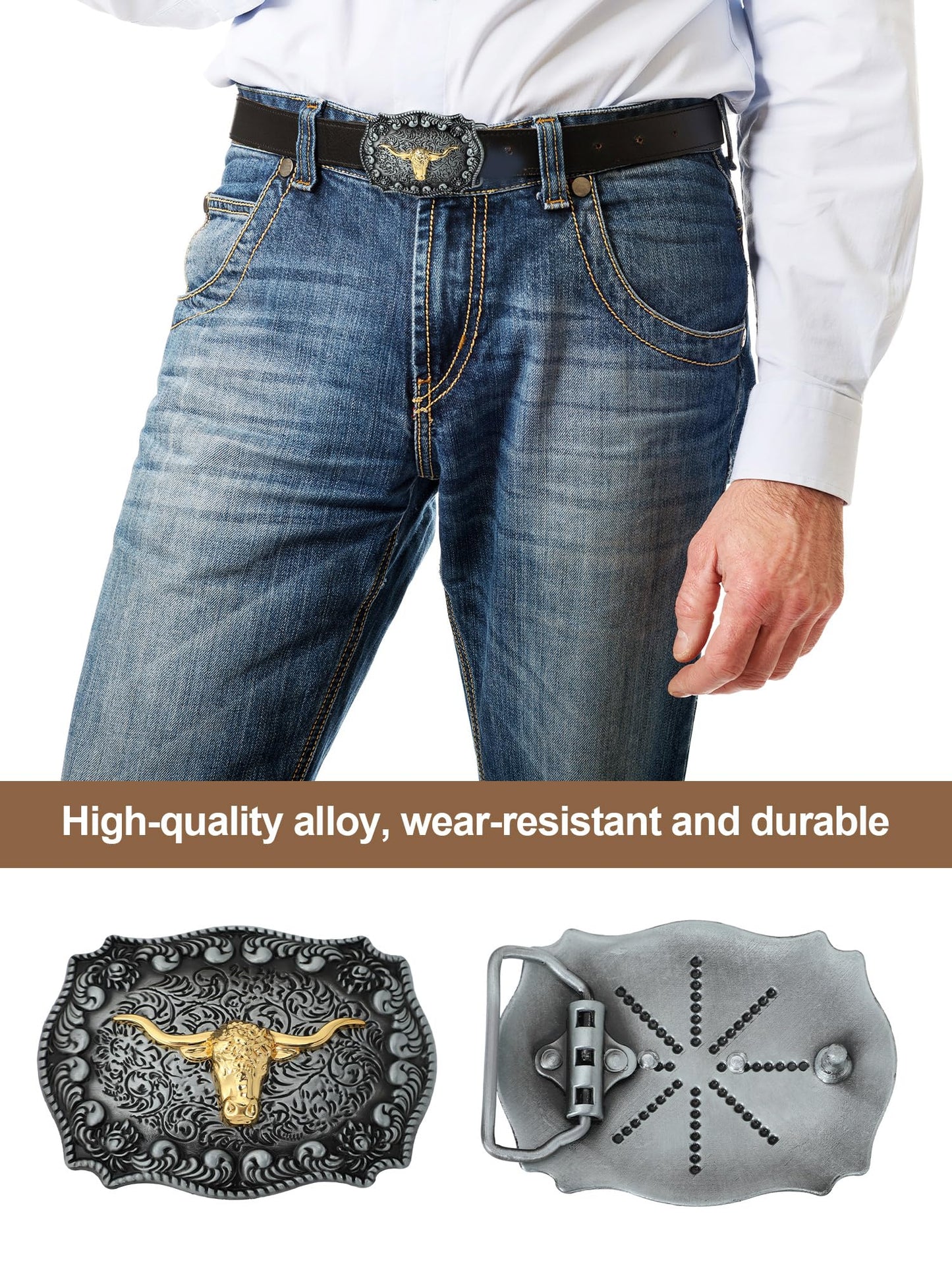 Toulite 4 Pcs Western Cowboy Accessories for Men Cowboy Hat Leather Rodeo Leather Necktie Cow Horn Belt Buckle Paisley Bandana for Western Outfit Halloween Cosplay