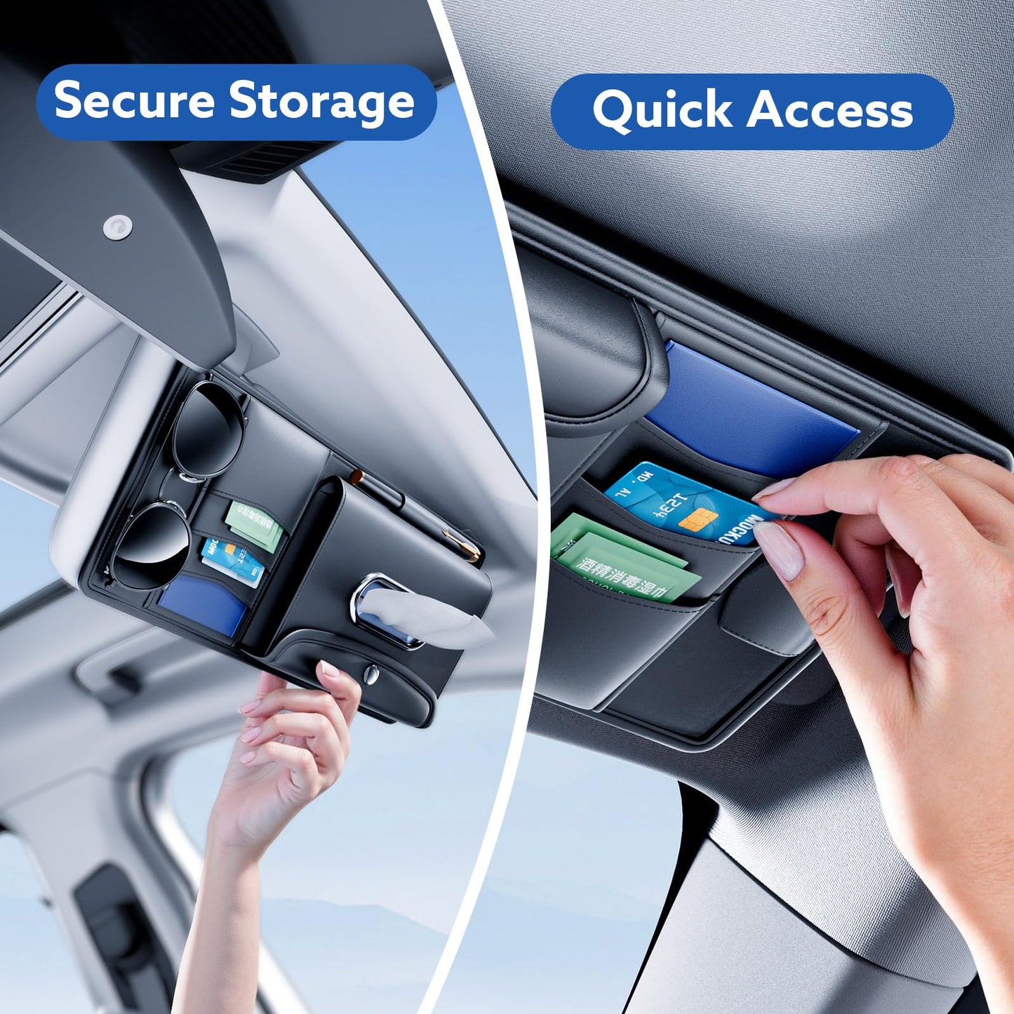 ULPOCMU Leather Car Visor Organizer with Tissue Holder, Card Holder and Sunglasses Clip
