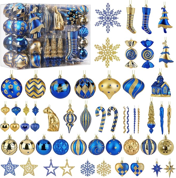 SHareconn 145pcs Christmas Balls Ornaments Set, Shatterproof Plastic Baubles Snowflakes, Stars and Tree Topper for Xmas Tree Holiday Wedding Party Decorations with Hanging Strings, Gold and Blue