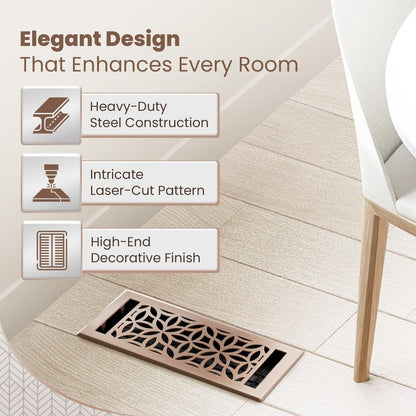 Floor Vent Covers – 4x10 Floor Register – Heavy-Duty Steel, Rustproof & Walkable Grates, Drop-in Install, Adjustable Airflow – Decorative (Floral Satin Rose Bronze, 8 Pack)