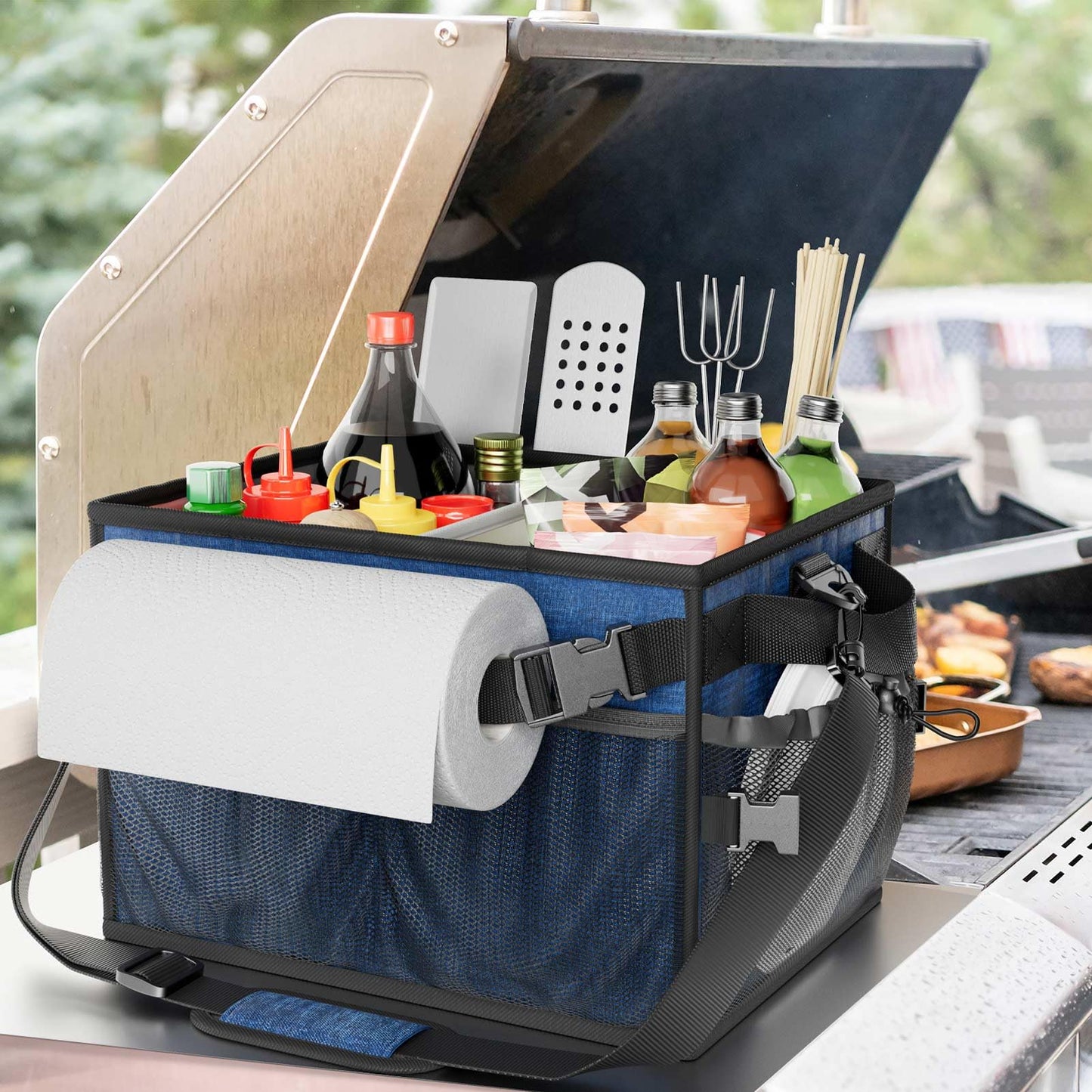 FANGSUN Large Grill and Picnic Caddy with Paper Towel Holder, BBQ Organizer for Utensils, Plates, Condiments, Collapsible & Easy-Carry Griddle Caddy, Must-Haves for Outdoor, Camper, Travel, Car, RV