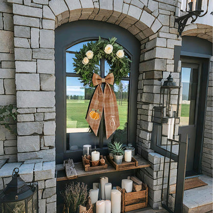 Autumn Door Wreath Sash Embroidered with White Letters and Pumpkins On A Plaid Wreath Sash Ideal for Housewarming Gifts, Autumn Thanksgiving, Halloween, and Christmas Porch Decorations -T
