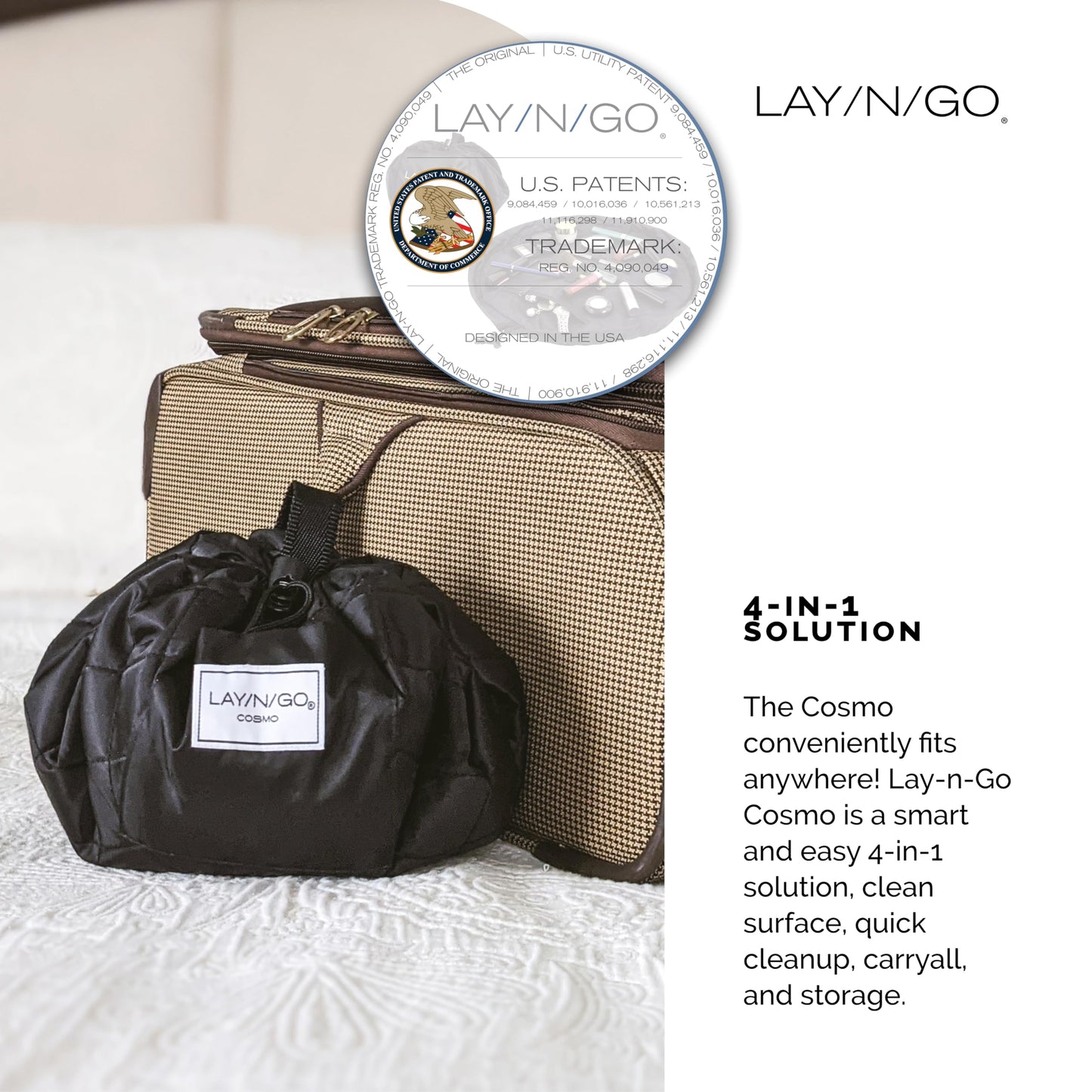 Lay-n-Go Cosmo Layflat Drawstring Cosmetic & Makeup Bag Organizer - Portable Drawstring Bag w/Zipper Pocket, Makeup Loops & More - Durable, Machine Washable Toiletry Bag for Travel (20", Black)
