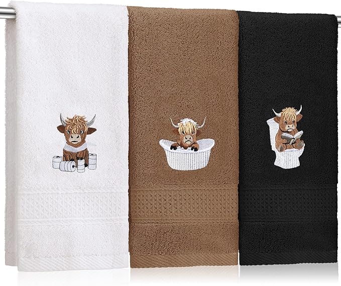 3 Pcs Highland Cow Hand Towels for Bathroom Embroidered Bathroom Towels