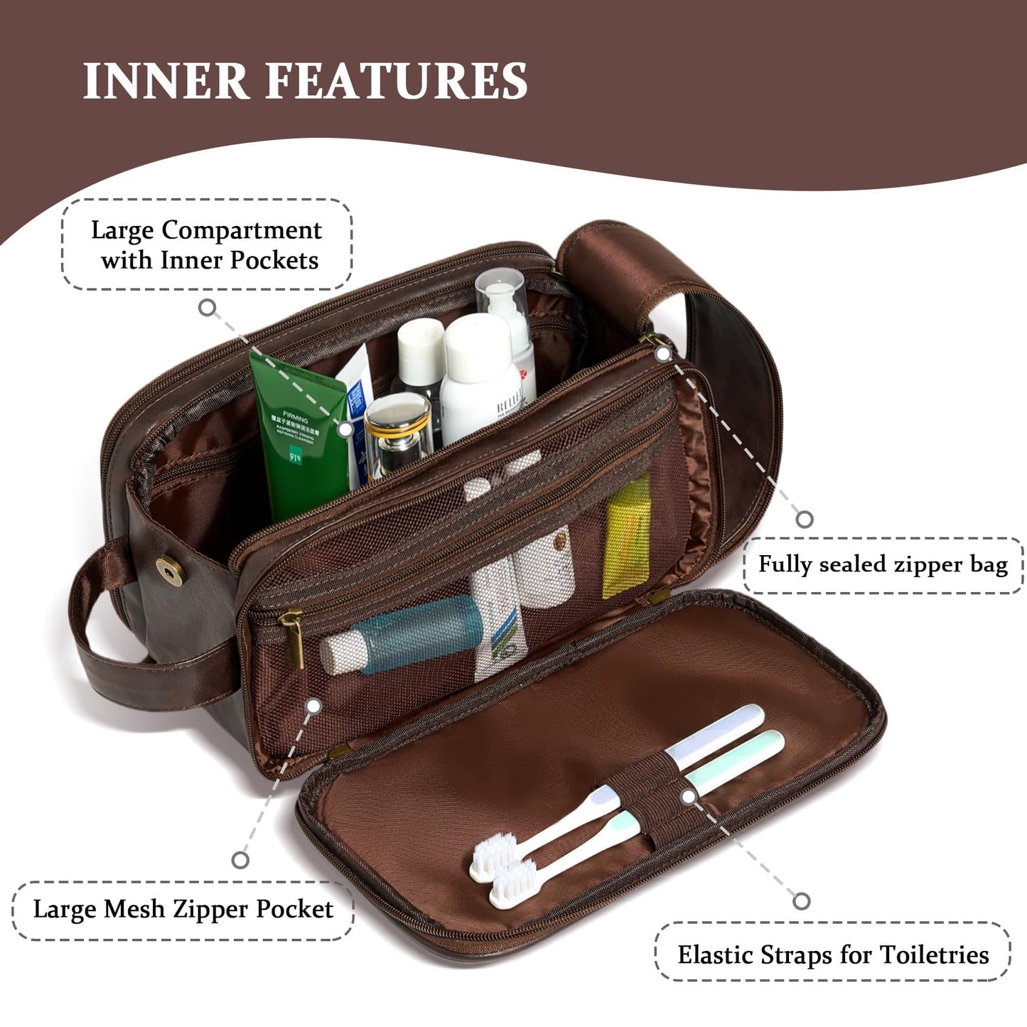 Janhavi Travel Toiletry Bag For Men Waterproof, Groomsmen Gifts Personalized Leather Engraved Initials & Mountain, Mens Dopp Kit Bag, Birthday Gifts For Men, Travel Tssentials (Dark Brown A)