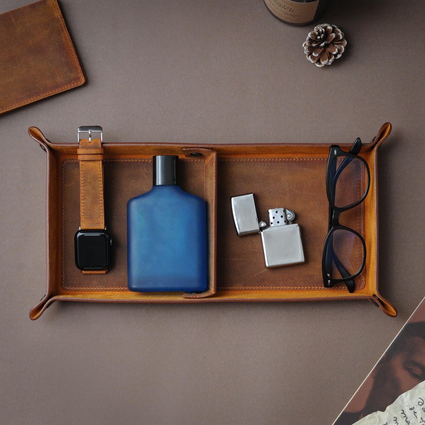 MayaCraft Handmade Leather Catch All Tray and Organizer for Keys, Phones, Jewels, Coins, Rectangular, Choco Brown