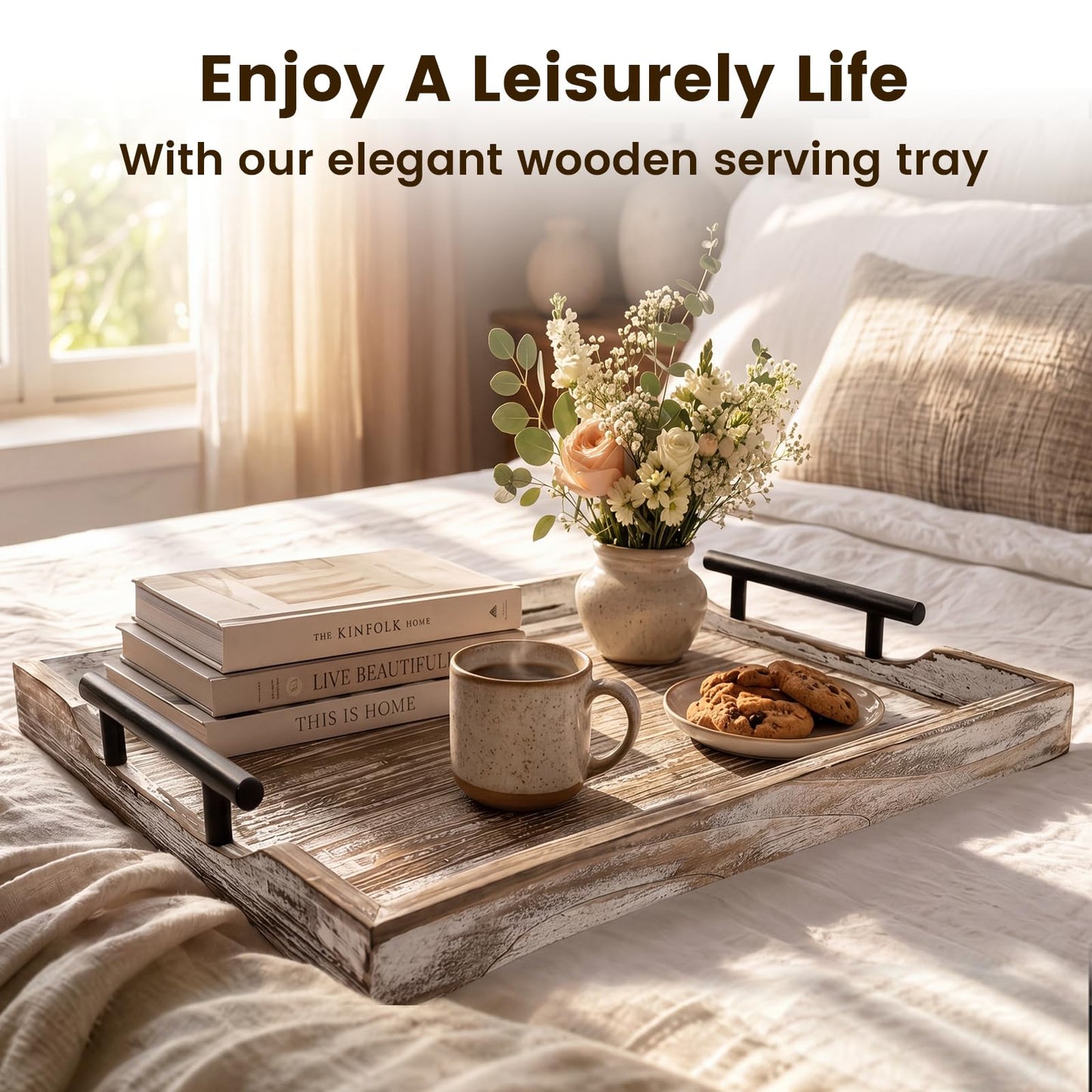 ComfyTune Wood Serving Tray with Metal Handles, 17x13in Large Wooden Tray for Ottoman, Coffee Table, Breakfast, Dinner & Bar, Decorative Tray for Living Room, Bedroom, Bathroom and Kitchen, Brown