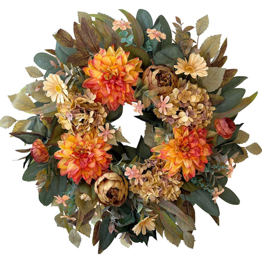 WANNA-CUL 24in Fall Front Door Wreath Dahlia Hydrangea Peony Table Decor