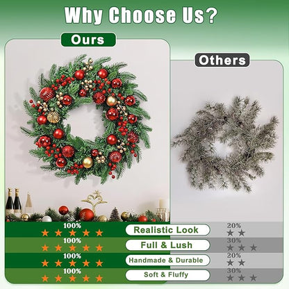 Christmas Wreath with Lights, 20 Inch Christmas Wreaths for Front Door, Large Winter Door Wreath with Ball Ornaments, Berries and Norfolk Pines, Xmas Decor for Indoor Outdoor Wall Windows