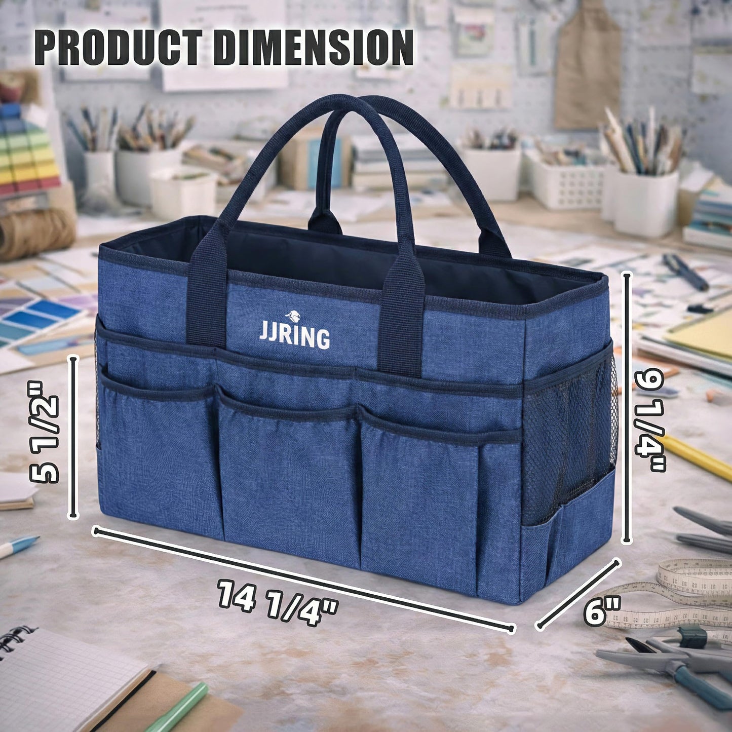 JJRING Large Art Supply Storage Tote Bag With 2 Mesh Side Pockets & Front Elastic Pockets – Sturdy Craft Organizer Caddy with Reinforced Bottom For Sewing, Scrapbooking, Teachers & Artists(Blue)